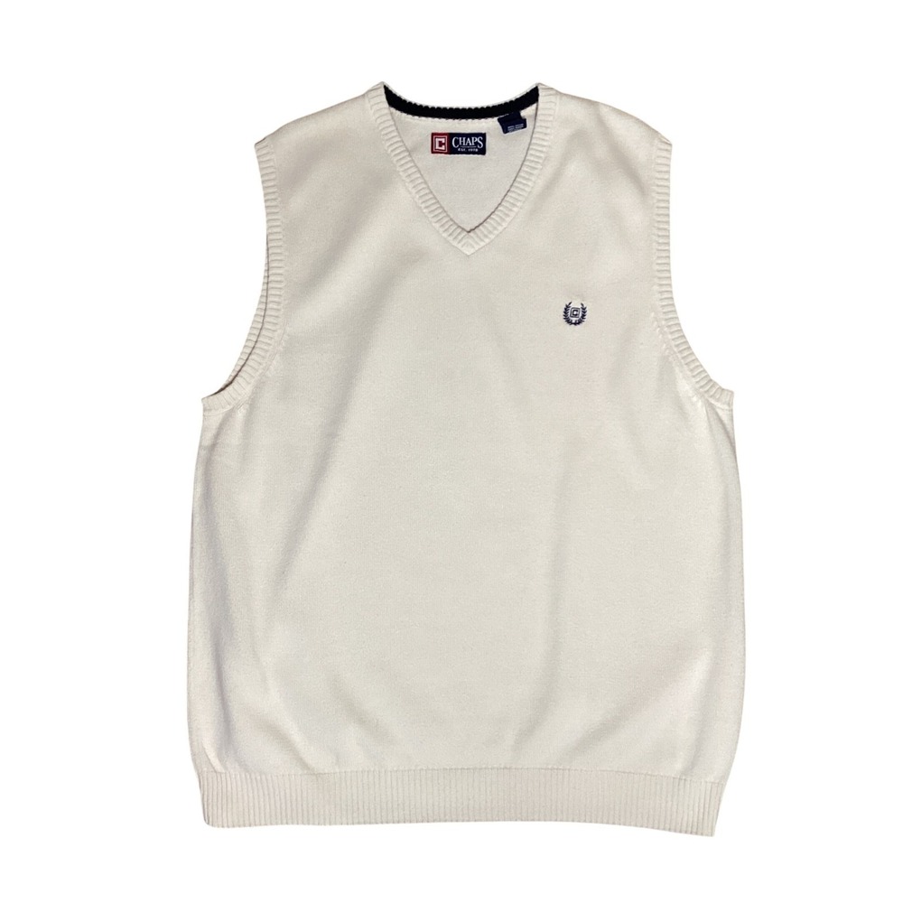 Chaps V-Neck Sweater Vest Mens Large Cream White Preppy Classic Minimalist Knit